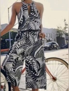 Athleta ECU Sol Printed Wide Leg Romper, Black & White/Silver Print S:4